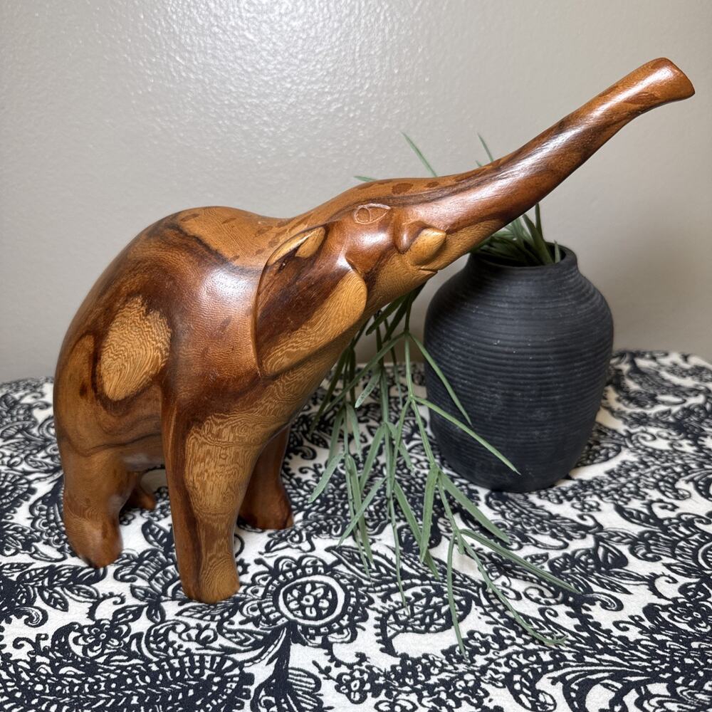 Vtg. Hand Carved Polished Wood Elephant Statue Heavy 9” Trunk Up Figurine Decor